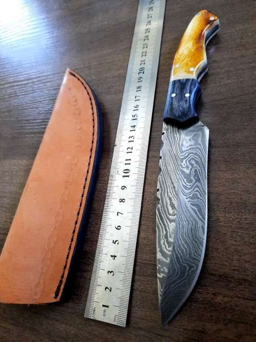 Handmade DAMASCUS Steel Hunting Knife, BURNT Camel Bone & Wooden Handle scales.
