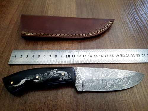 Handmade Damascus steel HUNTING Knife with Bull Horn handle scales with engraving . Free Leather S