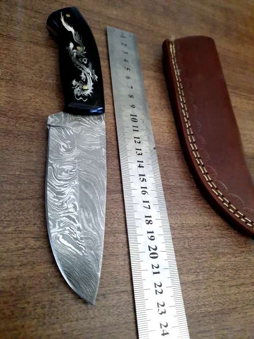 Handmade Damascus steel HUNTING Knife with Bull Horn handle scales with engraving . Free Leather S