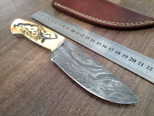 Handmade Damascus steel HUNTING Knife w Camel Bone handle scales, Exact knife you will receive.