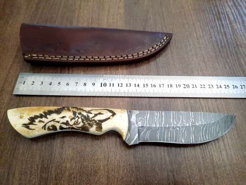 Handmade Damascus steel HUNTING Knife w Camel Bone handle scales, Exact knife you will receive.