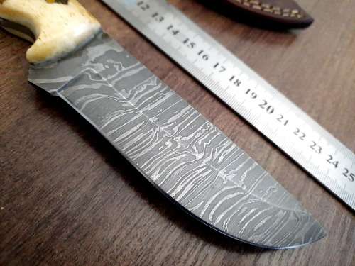 Handmade Damascus steel HUNTING Knife w Camel Bone handle scales, Exact knife you will receive.