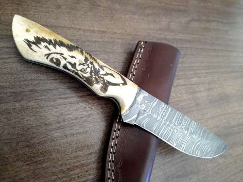 Handmade Damascus steel HUNTING Knife w Camel Bone handle scales, Exact knife you will receive.