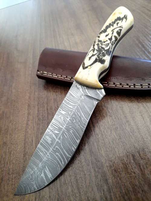 Handmade Damascus steel HUNTING Knife w Camel Bone handle scales, Exact knife you will receive.