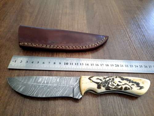 Handmade Damascus steel HUNTING Knife w Camel Bone handle scales, Exact knife you will receive.
