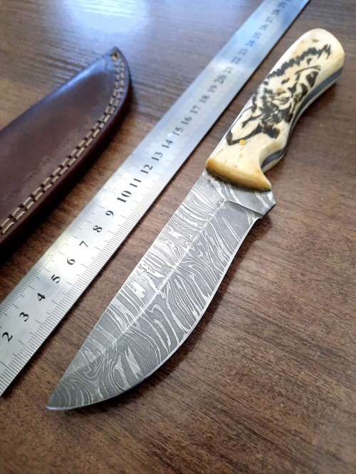 Handmade Damascus steel HUNTING Knife w Camel Bone handle scales, Exact knife you will receive.