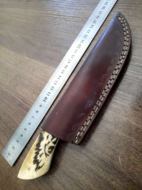 Handmade Damascus steel HUNTING Knife w Camel Bone handle scales, Exact knife you will receive.