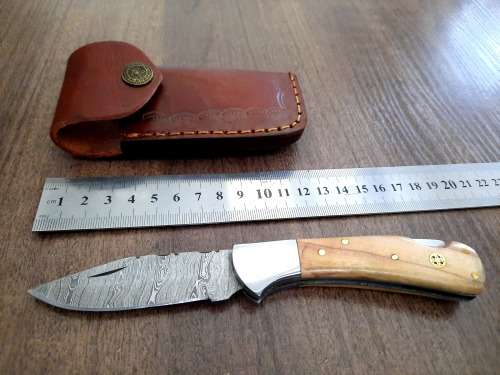 Handmade Damascus steel folding knife w Olive Wood Handle Scales. New stock !!