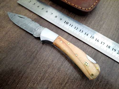Handmade Damascus steel folding knife w Olive Wood Handle Scales. New stock !!