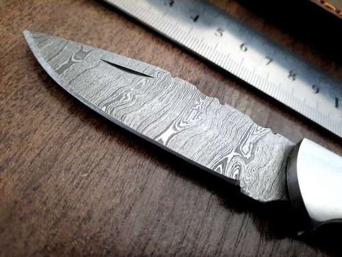 Handmade Damascus steel folding knife w Olive Wood Handle Scales. New stock !!