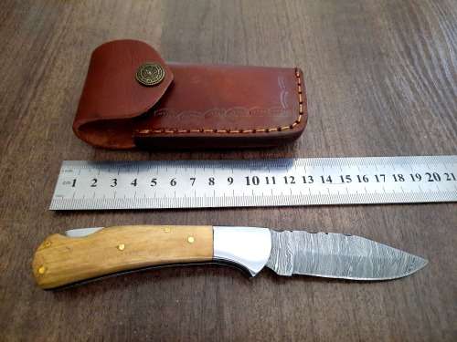 Handmade Damascus steel folding knife w Olive Wood Handle Scales. New stock !!
