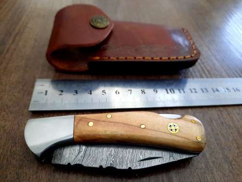 Handmade Damascus steel folding knife w Olive Wood Handle Scales. New stock !!