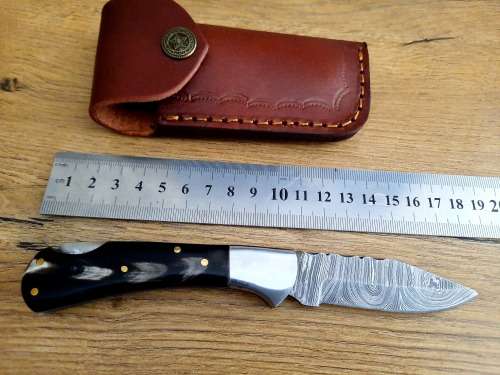 Handmade Damascus steel folding knife w  Bull Horn Handle Scales. New stock !!
