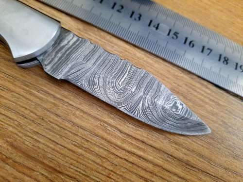 Handmade Damascus steel folding knife w  Bull Horn Handle Scales. New stock !!