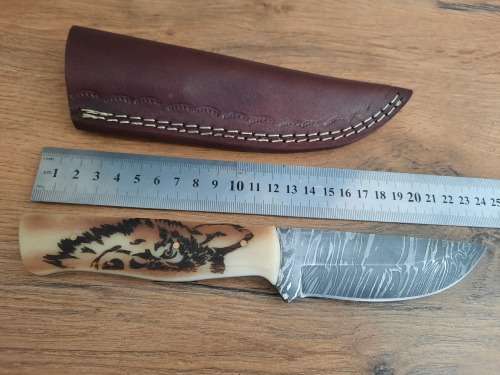 Handmade Damascus steel HUNTING  knife with Camel Bone handle scales. PLEASE READ Description.  !