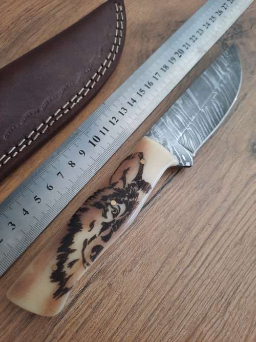 Handmade Damascus steel HUNTING  knife with Camel Bone handle scales. PLEASE READ Description.  !