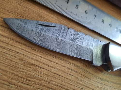 Handmade Damascus steel folding knife w  Bull Horn Handle Scales. New stock !!