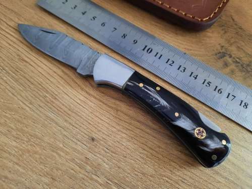 Handmade Damascus steel folding knife w  Bull Horn Handle Scales. New stock !!