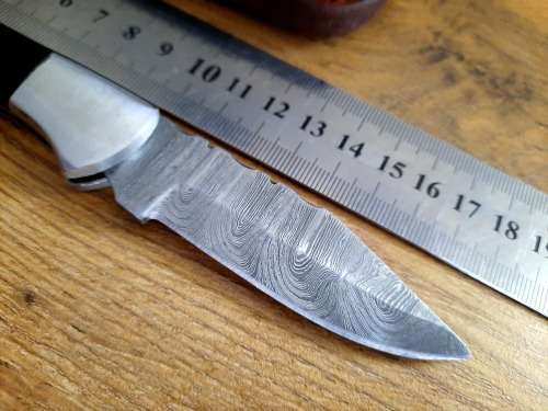 Handmade Damascus steel folding knife w  Bull Horn Handle Scales. New stock !!