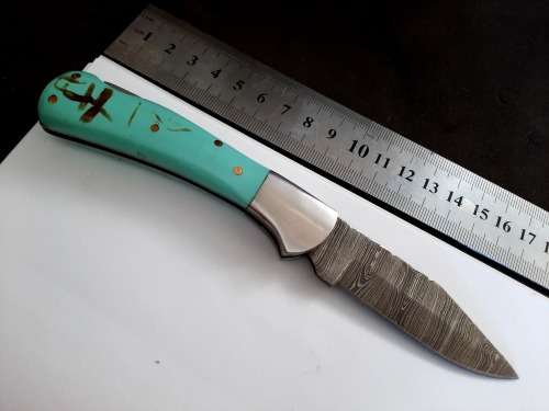 Handmade Damascus steel folding knife w Epoxy Resin Handle Scales. New stock !!