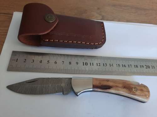 Handmade Damascus steel folding knife w Wooden Handle Scales. New stock !!