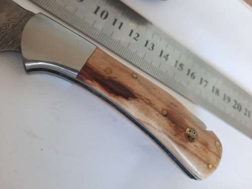 Handmade Damascus steel folding knife w Wooden Handle Scales. New stock !!