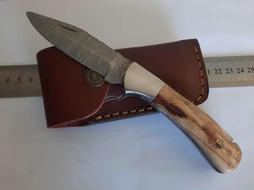 Handmade Damascus steel folding knife w Wooden Handle Scales. New stock !!