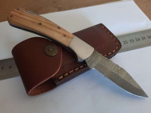 Handmade Damascus steel folding knife w Wooden Handle Scales. New stock !!