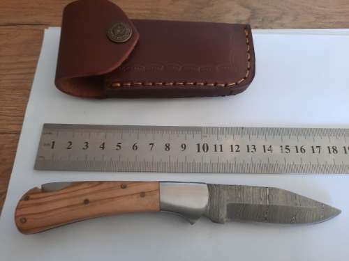 Handmade Damascus steel folding knife w Wooden Handle Scales. New stock !!