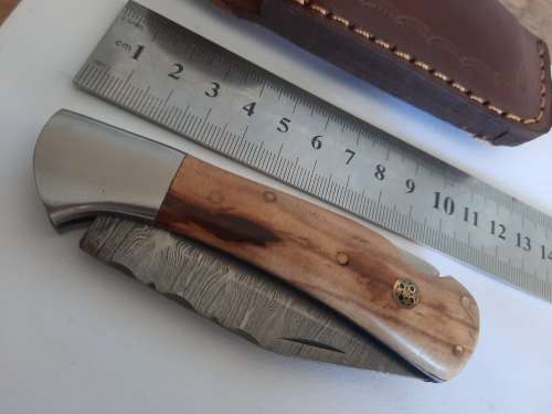 Handmade Damascus steel folding knife w Wooden Handle Scales. New stock !!
