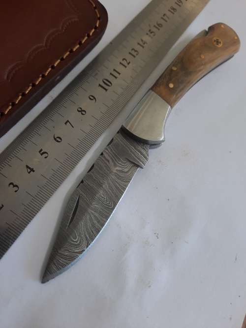 Handmade Damascus steel folding knife w Wooden Handle Scales. New stock !!