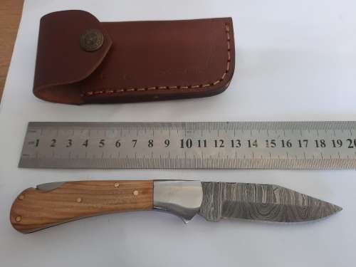 Handmade Damascus steel folding knife w Wooden Handle Scales. New stock !!