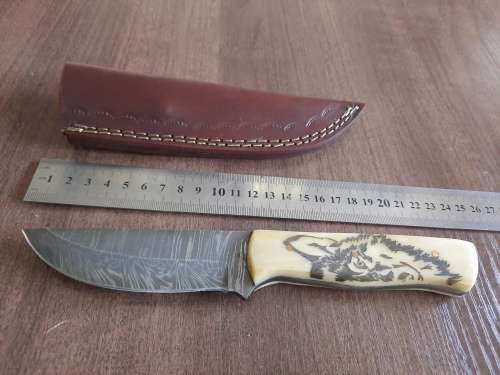 Handmade Damascus steel HUNTING  knife with Camel Bone handle scales. Crazy R1 start auction.