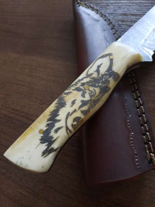 Handmade Damascus steel HUNTING  knife with Camel Bone handle scales. Crazy R1 start auction.