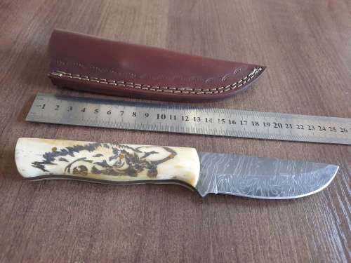 Handmade Damascus steel HUNTING  knife with Camel Bone handle scales. Crazy R1 start auction.