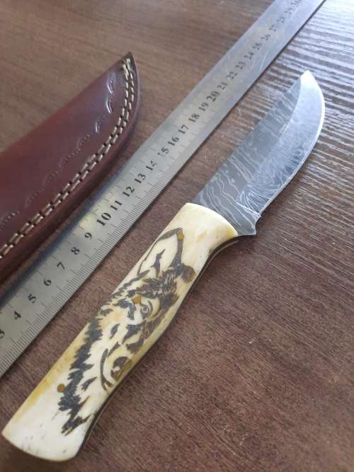 Handmade Damascus steel HUNTING  knife with Camel Bone handle scales. Crazy R1 start auction.