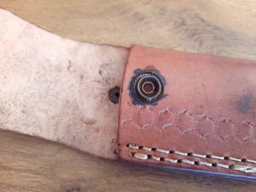 Handmade Damascus steel folding knife w Wooden Handle Scales. Pouch in bad shape, see pictures.