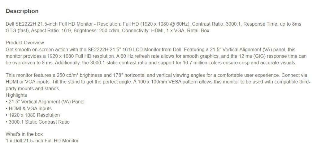 Dell SE2222H  21.5` FHD Monitor, NEW !!   1 Available !