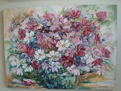 Irma De Waal Large Oil Painting 950mmx700mm "Cosmos flowers in glass bowl"