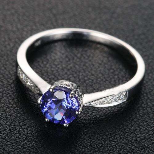 14K White Gold Tanzanite Full Cut VS Diamond Antique six Prongs Wedding Ring (FREE SHIPPING)