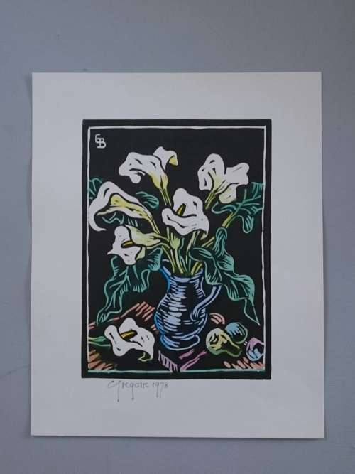 Still Life Arum Lillies Water Colored Linocut by Gregoire Boonzaier