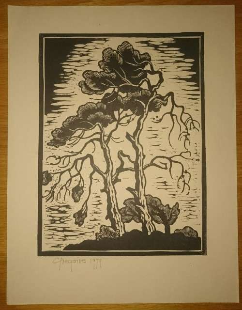 Windswept Trees Linocut By Gregoire Boonzaier Dated 1979