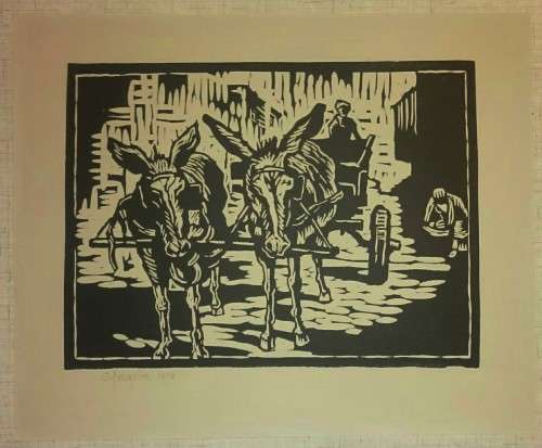 Donkey Carts Linocut By Gregoire Boonzaier Dated 1978