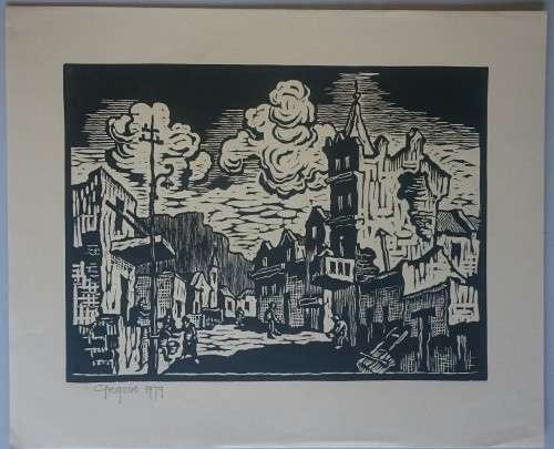 District Six and Table Mountain Linocut by Gregoire Boonzaier Dated 1979