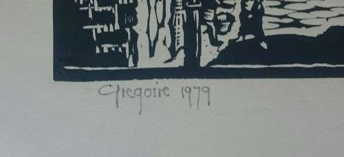 District Six and Table Mountain Linocut by Gregoire Boonzaier Dated 1979