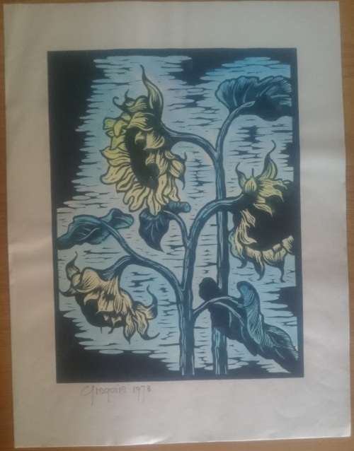 Sunflowers Linocut By Gregoire Boonzaier Dated 1978