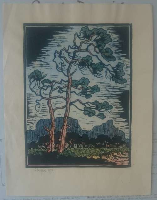 Watercolored Windswept Trees and Table Mountain Linocut By Gregoire Boonzaier Dated 1978