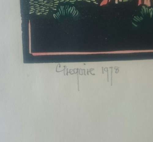 Watercolored Windswept Trees and Table Mountain Linocut By Gregoire Boonzaier Dated 1978