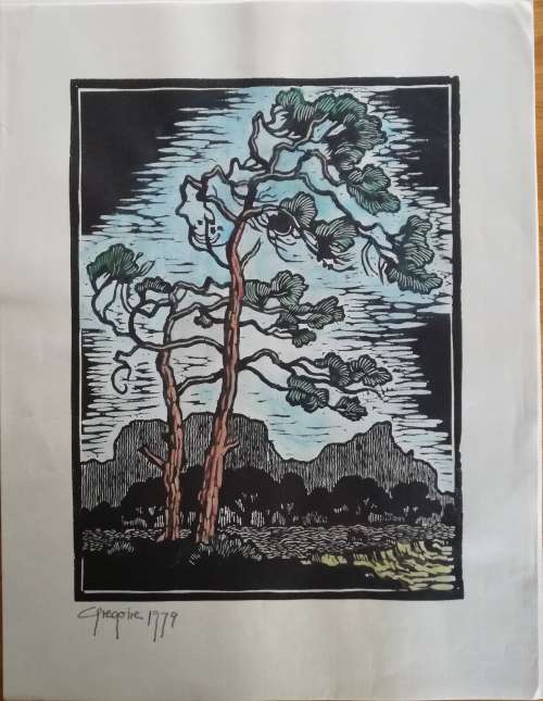 Watercolored, Windswept Trees, Linocut By Gregoire Boonzaier Dated 1979