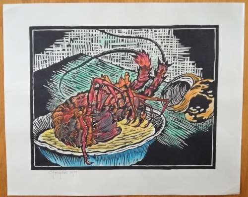 Watercolored, Still Life Crayfish, Linocut By Gregoire Boonzaier Dated 1979